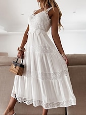 abordables Robes en dentelle blanche-robe blanche en dentelle pour femme, dentelle unie, ajourée, col en V, robe midi élégante, classique, rendez-vous quotidien, sans manches, été, printemps