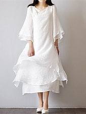 economico Vestiti-Per donna Rosa chiaro Bianco Estate Primavera Autunno Abito Midi Abiti ispirati al lino Abito Bianco Vestito Casual Essenziale Casual All&#039;aperto Vacanza Quotidiano Vestibilità comoda Colore Puro