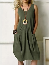 cheap Design Cotton &amp; Linen Dresses-Women&#039;s ArmyGreen Navy Blue Orange Summer Spring Midi Dress Cotton Linen Dresses Casual Dress Cotton Summer Dress Basic Classic Casual Outdoor Daily Regular Fit Pure Color U Neck