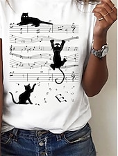 cheap Animals tee-Women&#039;s T Shirt Basic Cat Print Short Sleeve Regular Tops Round Neck Daily Weekend White