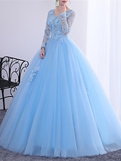 abordables Robes Longues &amp; Gowns-Robe de Bal Longueur Plancher Robes de Promo Princesse Bouffante Manches Longues Col en V Performance Quinceanera avec Cristaux Appliqués