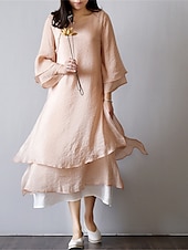 economico Vestiti-Per donna Rosa chiaro Bianco Estate Primavera Autunno Abito Midi Abiti ispirati al lino Abito Bianco Vestito Casual Essenziale Casual All&#039;aperto Vacanza Quotidiano Vestibilità comoda Colore Puro