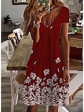 billiga Blommig klänning-Kvinnors Mini Klänning Petite Klänning T Shirt Klänning Tee Klänning Sommarklänning A-Line Klänning Söt Utomhus Semester Födelsedag Regular Fit Blommig Kort Ärmar V-Hals Svart Vit Rosa Vin Sommar