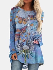 ieftine topuri tunică-Pentru femei Tricou Tunică Marron Galben Verde Deschis Geometric Plisat Imprimeu Manșon Lung Casual Tunici Epocă Έθνικ Rotund Lung Tema boem Geometric ă Mărime Plus S