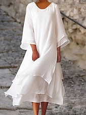 economico Vestiti-Per donna Rosa chiaro Bianco Estate Primavera Autunno Abito Midi Abiti ispirati al lino Abito Bianco Vestito Casual Essenziale Casual All&#039;aperto Vacanza Quotidiano Vestibilità comoda Colore Puro
