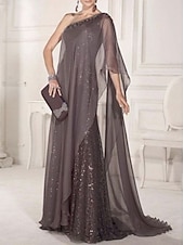 cheap Floor Length-Sheath Mother of the Bride Dress Wedding Guest Elegant Party Sparkle &amp; Shine One Shoulder Sweep / Brush Train Chiffon Lace Sleeveless with Pleats Sequin 2025 free custom size