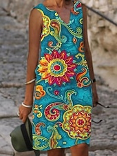 ieftine Tipăriți prese florale-Pentru femei Rochii Midi Rochie Tip Maieu Rochie de vară Rochie imprimata Modă Șic Stradă De Bază În aer liber Vacanță Stradă Potrivire Largă Floral Frunză Manșon scurt În V Galben Albastru piscin
