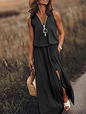 preiswerte Blumenkleider-Damen Freizeitkleid einfarbig Reißverschlusstasche V-Ausschnitt Maxi langes Kleid Basic Casual Alltag ärmellos Sommer Frühling