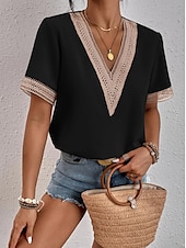 preiswerte Spitzenoberteile-Damen Weiße Elegante Spitzen Tops Loch Bluse T-Shirt Burgunder Tee Schlichte Reguläre Tops Kurze Ärmel V-Ausschnitt Reguläre Passform Täglich Wochenende Romantische Petite Tops Sommer Urlaub Trag