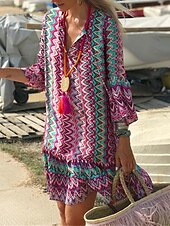 preiswerte Ausgefallene Kleider-Damen Midikleid Langärmliges Boho-Kleid Boho-Kleid Strandkleid Böhmen Modern Brautkleider schlicht Trompetenärmel Outdoor Urlaub Täglich Lockere Passform Farbblock Langarm V Ausschnitt Rosa Sommer