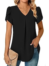 economico Top Semplici da Donna-camicetta da donna elegante neon&amp;amp;manica petalo brillante manica corta scollo a V casual nero bianco rosso blu navy blu