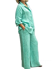 cheap Sets-Women&#039;s Loungewear Linen-Inspired Sets Two Piece Sets Casual Comfort Pure Color Pocket Elastic Waist Shirt  Vacation Street Daily Long Sleeve Lapel Pink Blue Green Light Grey Summer Spring Fall
