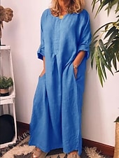 preiswerte Kleider aus Baumwolle und Leinen entwerfen-Damen Casual kleid Sommerkleid aus Baumwolle Maxidress Leinen Tasche Täglich Urlaub Rundhalsausschnitt Langarm Sommer Frühling Herbst Schwarz Gelb Glatt