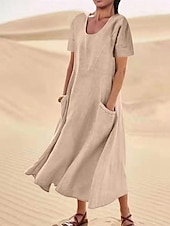 levne Šaty-Dámské Světlá růžová Nebeská modř Khaki Léto Maxi dlouhé šaty Maxi šaty Bavlněné lněné šaty Volnočasové šaty Jednobarevné Denní Volný Tričkový
