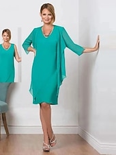 voordelige Met Jas-Strand Bruiloft Twee Delige Moeder van de Bruid Jurk Bruiloft Gast Elegante Simpele V-Hals Knie Lengte Chiffon 3/4 Lengte Mouw met Effen Kleur 2025 gratis op maat
