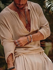 economico Vacanza-Per uomo camicia di lino Stile vichingo Camicia estiva Abbigliamento mare Maglietta informale Liscio Da mare Curise Bianco Verde Manica lunga A V Primavera estate Abbigliamento
