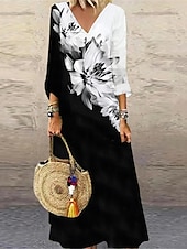 billige Blomstrete kjoler-Dame Maxi Kjole Casual Kjole Blomstrete Trykk V Hals Casual Daglig Ferie 3/4 Lengde Erme Sommer Vår
