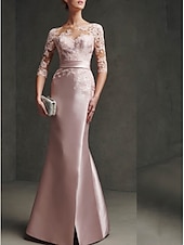 cheap PINK-Mermaid Mother of the Bride Dress Formal Formal Evening Elegant Party Scoop Neck Floor Length Satin Lace 3/4 Length Sleeve with Pleats Split Front 2025