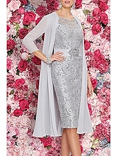 economico Con giacca-Abito Due Pezzi Sheath per la Madre della Sposa Ospite di Matrimonio Formale Elegante Scollo a Barca Lunghezza Ginocchio Chiffon Pizzo Senza Maniche Giacca Abiti con Perline Applicazioni 2025 misura