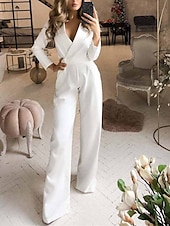 levne prázdninový overal-Dámské Běžný Kombinéza Elegantní Pevná barva Dlouhý rukáv Do V Kapsy Vysoký pas Kancelář Práce Běžný Černá Bílá Fialová Léto