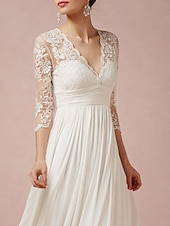billige Små Hvite Kjoler-Strandbryllup Bryllupsdusj Liten Hvit Kjole Bryllupsdusj Kjoler Bryllupskjoler A-Linje V Utringning 3/4 Lengde Erme Te Lengde Chiffon Bryllupskjoler Med Applikasjoner Ensfarget 2025