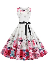 billiga Skriv ut blommiga klänningar-Dam Rynkad Mönster Vintage klänning Midiklänning Polyester Elegant Vintage Blommig Rund halsringning Ärmlös Semester Dagligen Sommar Vår Mörklila Svart
