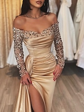 abordables Champagne-Robe de Soirée Sirène Robe Sequins Invité de Mariage Traîne Longue Manches Longues Épaules Dénudées Automne Réception de Mariage Satin avec Fente Ruchée Robe de Mascarade 2025
