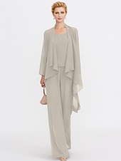 cheap Mom&#039;s Pant Suits-Jumpsuits Sheath Mother of the Bride  Formal Wedding Guest Elegant Two Piece Jumpsuits V Neck Floor Length Chiffon Sleeveless with Pleats 2025 free custom size