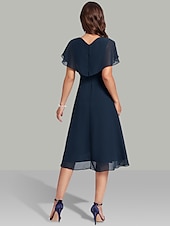 cheap Wedding Guest Dresses-A-Line Wedding Guest Dresses Elegant Dress Semi Formal Tea Length Short Sleeve V Neck Belt / Sash Chiffon with Beading