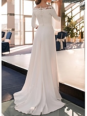 levne neformální svatební šaty-Zásnubní formální svatební šaty A-line s off shoulder trojdílnými rukávy a vlečkou s krajkovými svatebními šaty s aplikacemi v jednotné barvě 2025