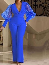 billiga festoveraller-Dam Vanligt Jumpsuits Elegant Ensfärgat Långärmad V-hals Hög midja Bröllop Fest Normal Blå Fuchsia Grön Vår