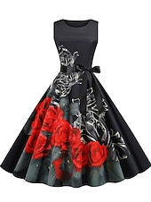 billiga Skriv ut blommiga klänningar-Dam Rynkad Mönster Vintage klänning Midiklänning Polyester Elegant Vintage Blommig Rund halsringning Ärmlös Semester Dagligen Sommar Vår Mörklila Svart