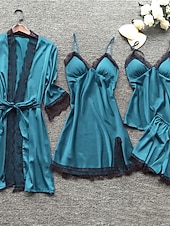 billiga Sovkläder till damer-pyjamasset för kvinnor 4 stycken ren färg enkel avslappnad mjuk hem daglig säng polyester andas v wire långärmad dräkt topp shorts resår midja sommar vår hem outfits