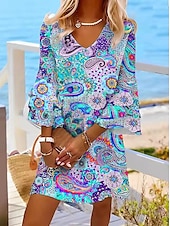 levne Boho šaty-dámské mini šaty příležitostné šaty poloformální šaty drobné šaty sundress Bohemia volány rukáv dovolená každodenní koktejlová party regular fit květinový paisley 3/4 délky rukáv v-krk červená modrá