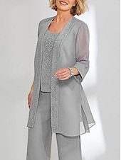 cheap Mom&#039;s Pant Suits-Beach Wedding 3 Piece Mother of the Bride  Wedding Guest Elegant Simple Scoop Neck Ankle Length Chiffon Lace Long Sleeve with Solid Color free custom size