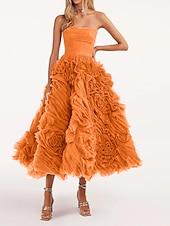 cheap Prom Dresses-Beach Wedding A-Line Prom Dresses Floral Dress Wedding Guest Quinceanera Ankle Length Sleeveless Strapless Tulle Backless with Ruched 2025