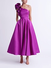 preiswerte Cocktailkleider-A-Linien Cocktailkleider Elegantes Kleid Hochzeitsgast Party Wear Knöchellang Ärmellos Ein-Schulter Taschen-Satin mit Rüschen Kleidern