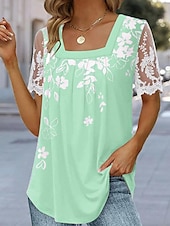 economico T-shirt floreale-Per donna Maglietta Top patchwork in rete Maglietta in pizzo Floreale Essenziale Manica Corta Collo quadrato Top Regolari Ferie Weekend Pizzo Stampato Bianco Rosa Blu Viola Verde