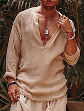 economico Vacanza-Per uomo camicia di lino Stile vichingo Camicia estiva Abbigliamento mare Maglietta informale Liscio Da mare Curise Bianco Verde Manica lunga A V Primavera estate Abbigliamento