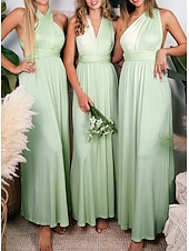 baratos Vestidos para Madrinhas-Tubinho Vestido de Madrinha Halter pescoço Sem Manga Elegante Até o Tornozelo Elastano com Pregas / Cor Única 2022