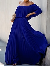 voordelige Oudjaarsjurken-A-Lijn Zomer Maxi Jurken voor Vrouwen Elegante Jurk Strand Bruiloft Feestkleding Bruiloft Feest Vloerlengte Halve Mouw Off Shoulder Chiffon met Plooien Ruffles jurk om indruk te maken
