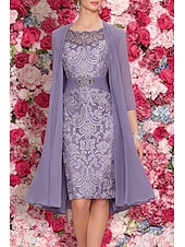 economico Con giacca-Abito Due Pezzi Sheath per la Madre della Sposa Ospite di Matrimonio Formale Elegante Scollo a Barca Lunghezza Ginocchio Chiffon Pizzo Senza Maniche Giacca Abiti con Perline Applicazioni 2025 misura