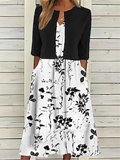 preiswerte Blumenkleid-Damen Midi Kleid Zweiteiliges Kleid Set Freizeitkleid Druck Kleid Alltag Urlaub Mode Elegant Taschenprint Rundhals Halbärmel Floral Regular Fit Schwarz Marineblau Grün Sommer Frühling S M L XL XXL