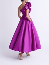 preiswerte Cocktailkleider-A-Linien Cocktailkleider Elegantes Kleid Hochzeitsgast Party Wear Knöchellang Ärmellos Ein-Schulter Taschen-Satin mit Rüschen Kleidern