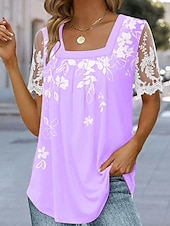 economico T-shirt floreale-Per donna Maglietta Top patchwork in rete Maglietta in pizzo Floreale Essenziale Manica Corta Collo quadrato Top Regolari Ferie Weekend Pizzo Stampato Bianco Rosa Blu Viola Verde