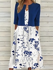 preiswerte Blumenkleid-Damen Midi Kleid Zweiteiliges Kleid Set Freizeitkleid Druck Kleid Alltag Urlaub Mode Elegant Taschenprint Rundhals Halbärmel Floral Regular Fit Schwarz Marineblau Grün Sommer Frühling S M L XL XXL