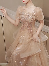 cheap Party Dresses-A-Line Party Dresses Elegant Dress Wedding Guest Prom Floor Length Short Sleeve Square Neck Tulle with Bow(s) Sequin  Masquerade Dress to impress