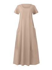 levne Šaty-Dámské Světlá růžová Nebeská modř Khaki Léto Maxi dlouhé šaty Maxi šaty Bavlněné lněné šaty Volnočasové šaty Jednobarevné Denní Volný Tričkový