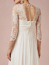 billige Små Hvite Kjoler-Strandbryllup Bryllupsdusj Liten Hvit Kjole Bryllupsdusj Kjoler Bryllupskjoler A-Linje V Utringning 3/4 Lengde Erme Te Lengde Chiffon Bryllupskjoler Med Applikasjoner Ensfarget 2025
