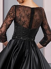 baratos Comprimento do chão-Vestido A-Line para Mãe da Noiva Convidada Formal Festa Elegante Decote Redondo Comprimento Chá Renda de Cetim Manga 3/4 com Cinto  Fita tamanho personalizado gratuito.